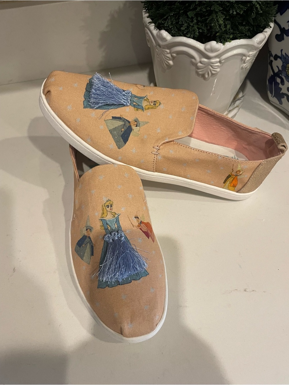 Disney Sleeping Beauty Peach Slip-On Sneakers with Blue Princess Tassel